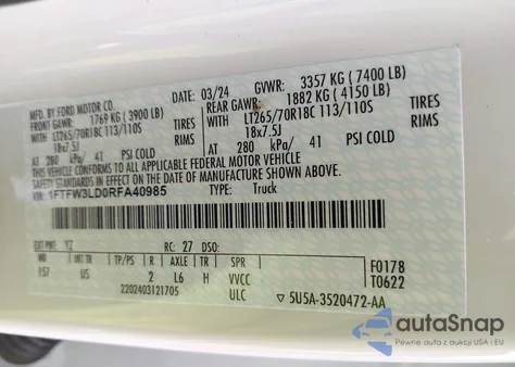 2024 Ford F-150 Xlt z USA, uszkodzony, nr VIN 1FTFW3LD0RFA40985